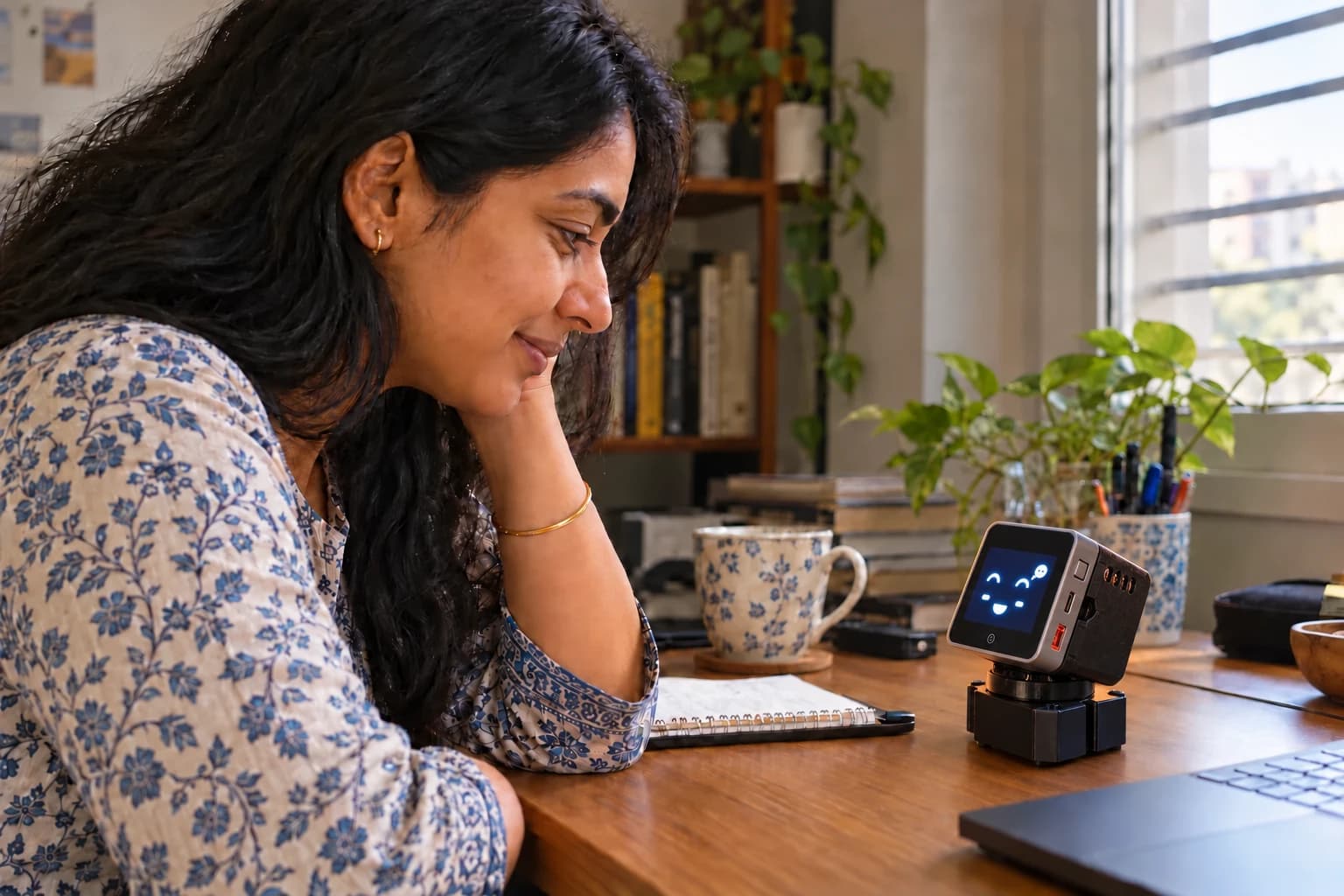 A woman and PebbleRobo facing each other in conversation at a home desk