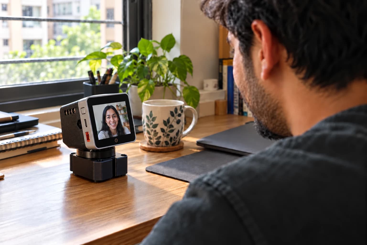 A seated person looking at a video caller on PebbleRobo’s screen