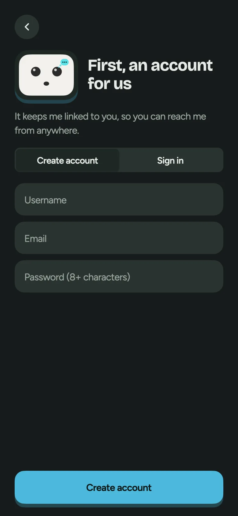The Pebble app’s account screen: username, email and password fields