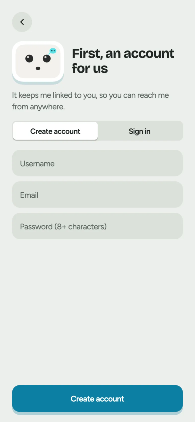 The Pebble app’s account screen: username, email and password fields
