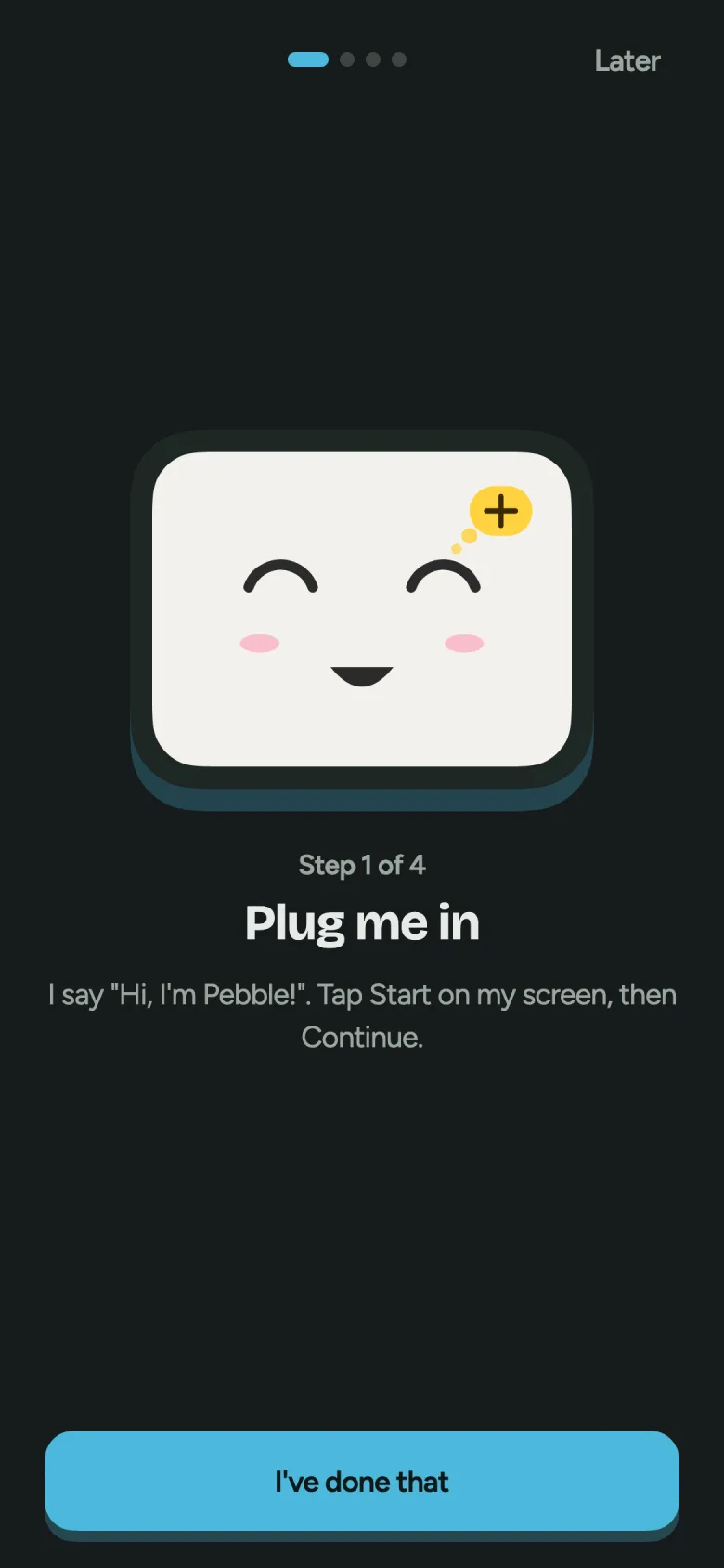 The Pebble app showing “Plug me in”, with a power adapter illustrated