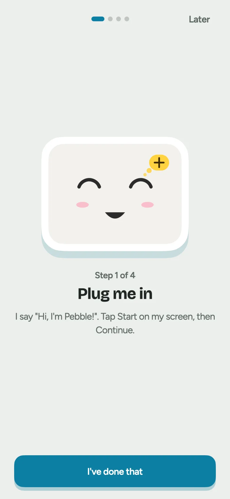 The Pebble app showing “Plug me in”, with a power adapter illustrated