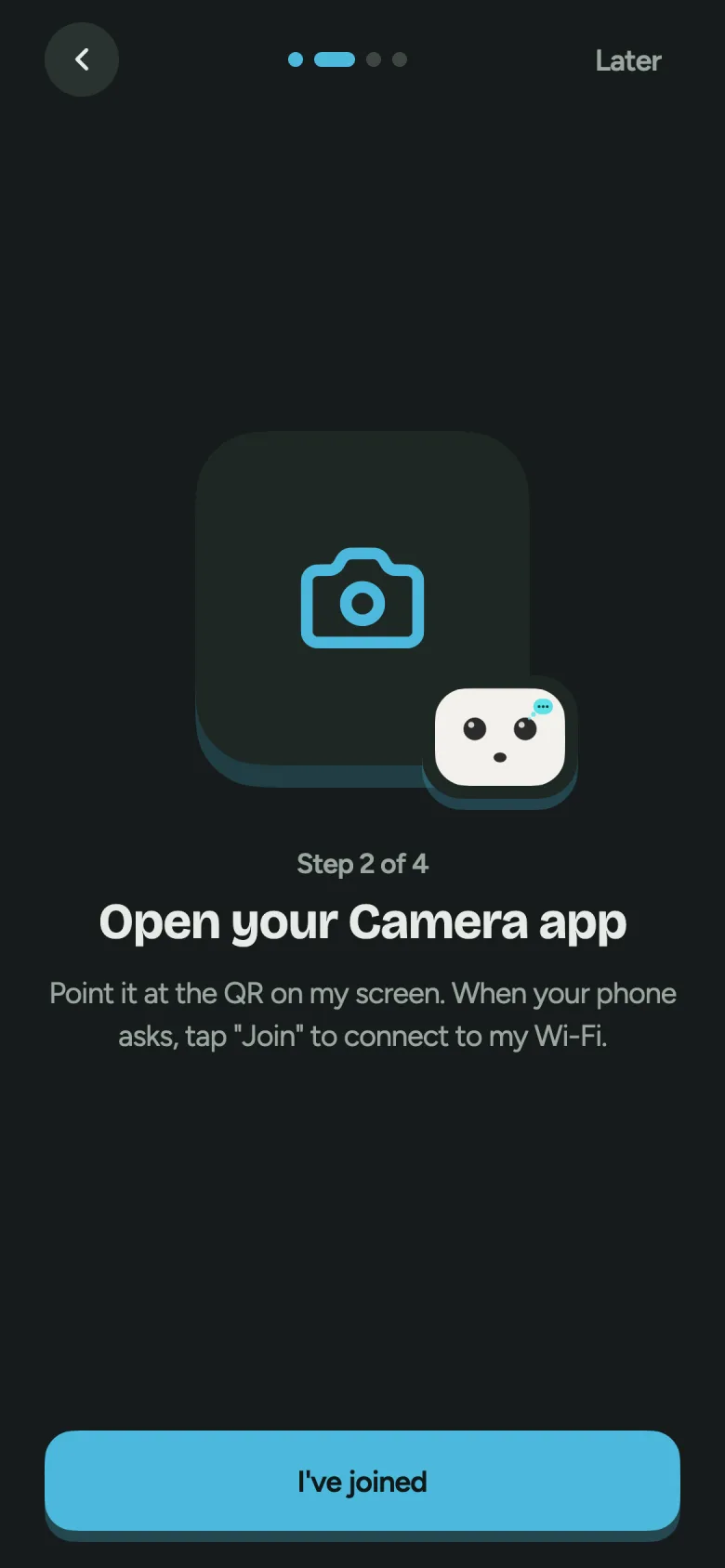 The Pebble app showing “Open your Camera app” and an “I’ve joined” button