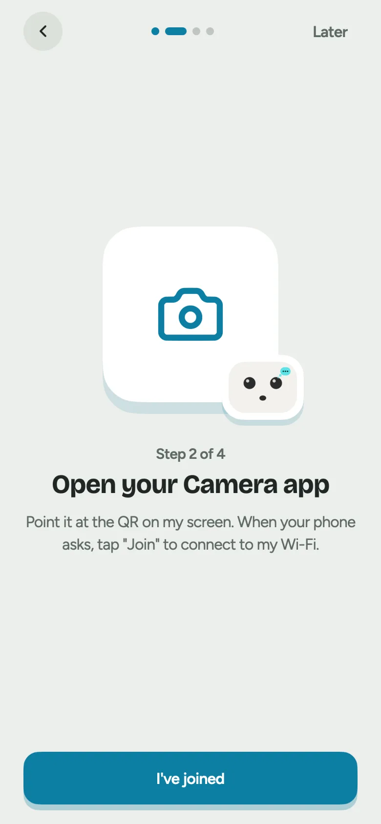 The Pebble app showing “Open your Camera app” and an “I’ve joined” button