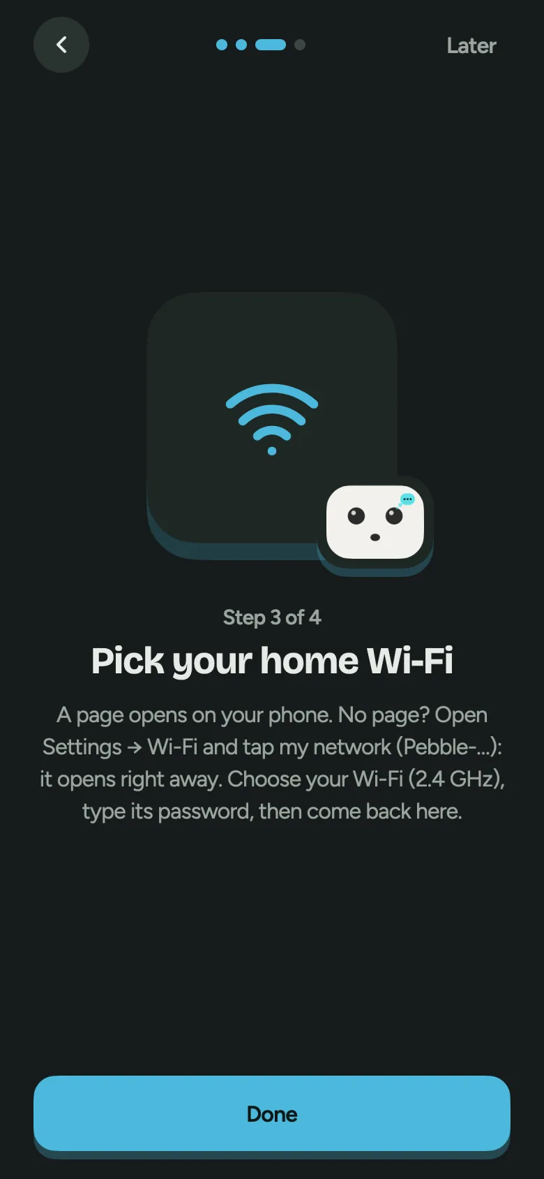 The Pebble app showing “Pick your home Wi-Fi”, with a network list