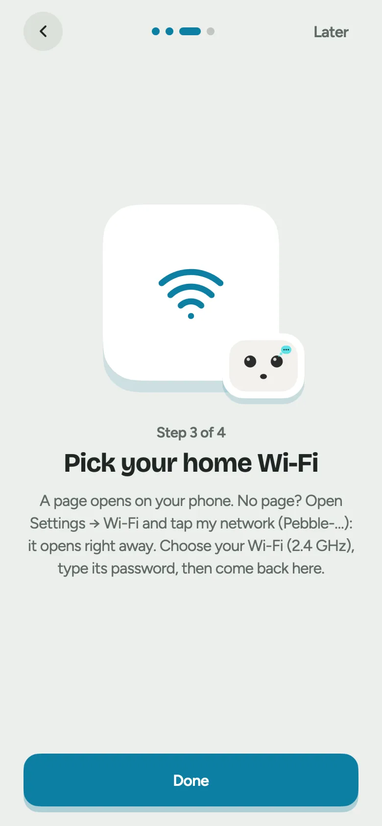 The Pebble app showing “Pick your home Wi-Fi”, with a network list