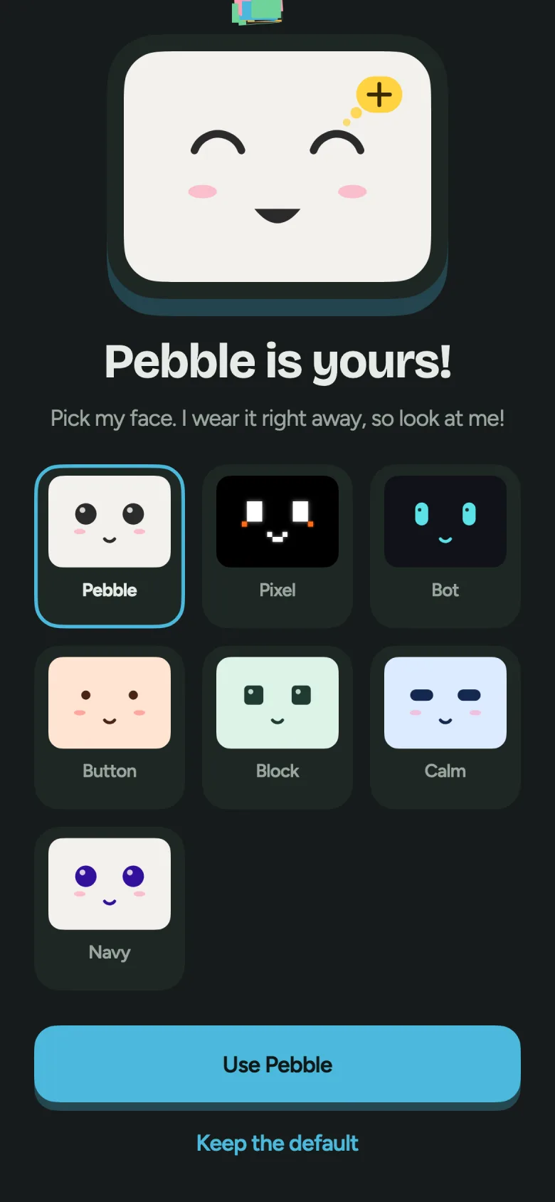 The Pebble app’s face picker, a grid of faces to choose from