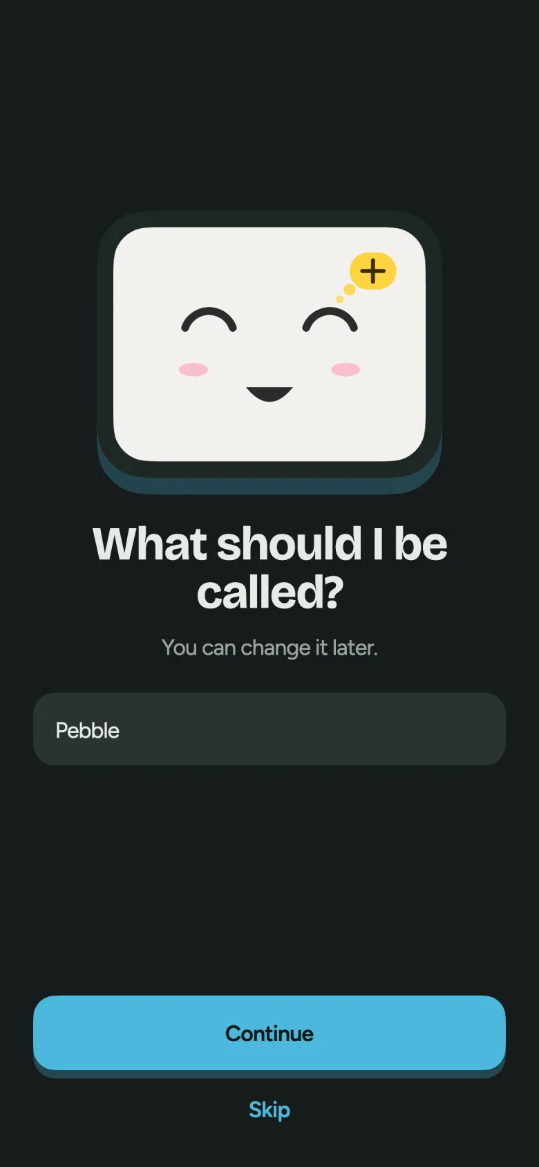 The Pebble app asking for a name for Pebble