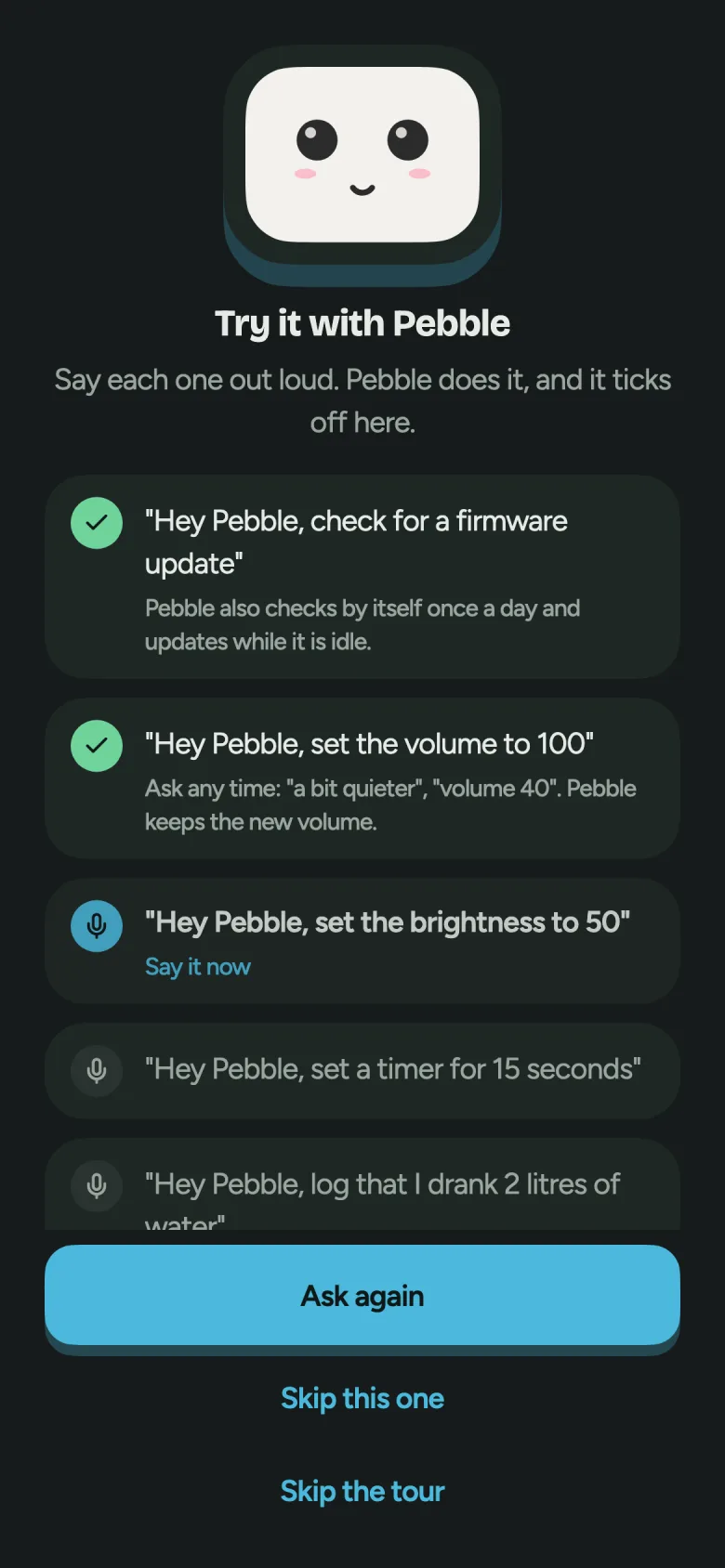 The Pebble app’s voice tour, with some of the five things ticked off