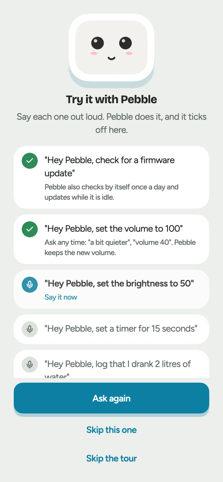 The Pebble app’s voice tour, with some of the five things ticked off