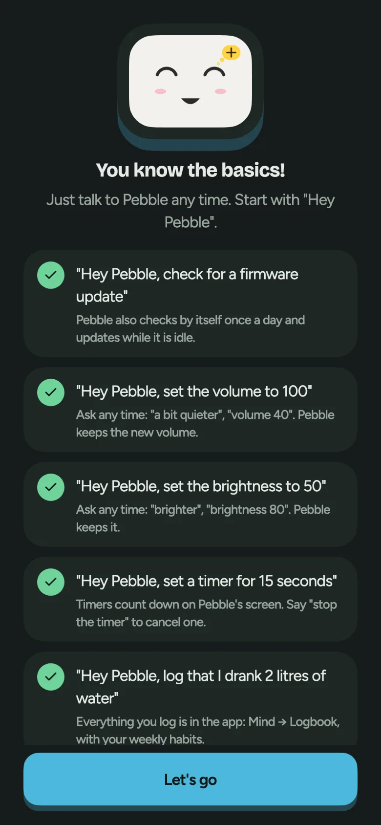 The Pebble app showing the tour finished